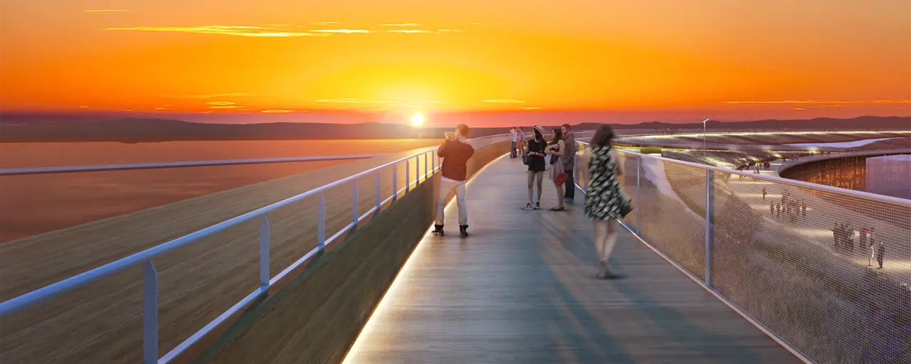 Computer-rendered group of people walking along an elevated pathway outdoors through landscaped gardens