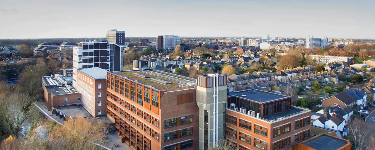 Birdseye view of brown and white buildings and houses